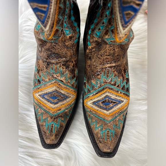 CORRAL WOMEN'S DIAMOND COWGIRL SNIP TOE TURQUOISE COGNAC BOOTS size 6 - Picture 6 of 11